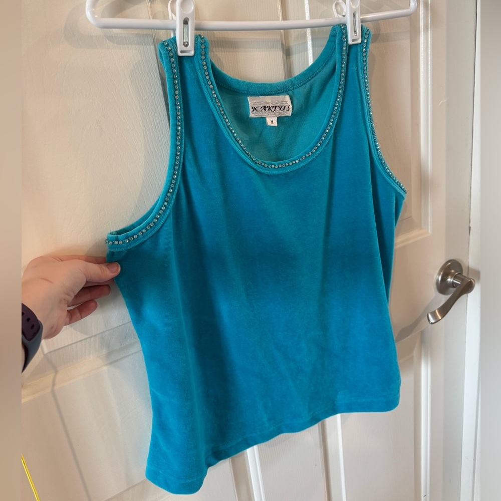 Vintage Kaktus Teal Tank with Rhinestone Trim